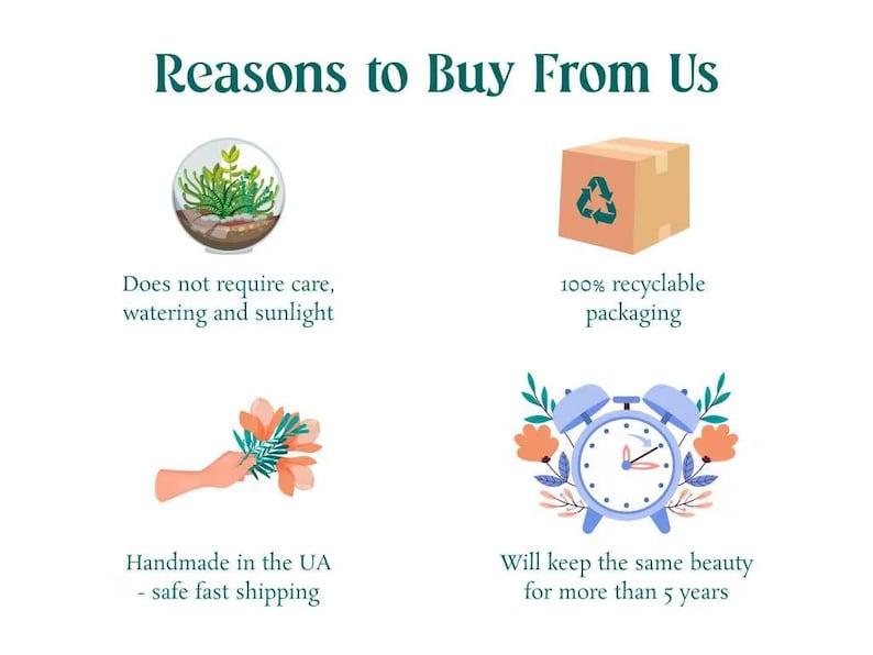 May include: An infographic with the text "Reasons to Buy From Us" and illustrations. Includes a terrarium, a box with a recycling symbol, a hand holding flowers, and a blue clock. Text highlights product features.