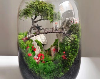 Zen Garden Terrarium in Glass Jar, Preserved Moss Mini Landscape, Japanese Desk Decor, No Care Indoor Plant Gift