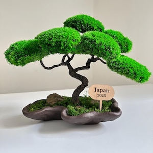 May include: A miniature bonsai tree with vibrant green foliage and a dark brown trunk. The tree sits in a brown, organic-shaped pot with a small wooden sign that reads "Japan 2025". The bonsai is a decorative item.