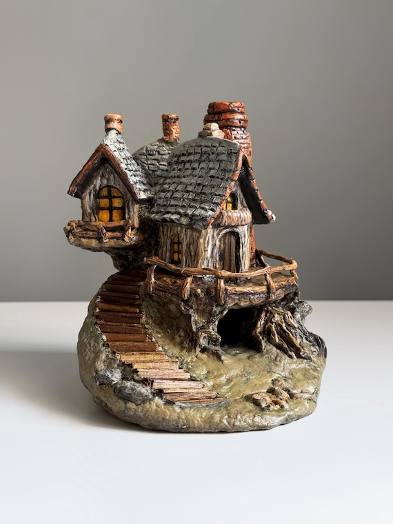 Paperclay Fairy Cottage Mini House, Whimsical Fairy Garden Decor, Handmade Miniature Cottage, Tiny Fantasy House, Terrarium Accessory