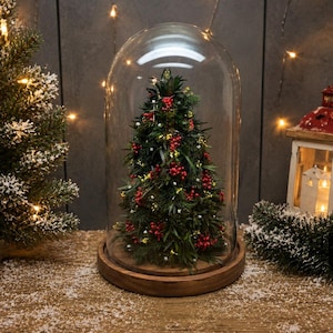 May include: A miniature evergreen tree decorated with small red berries and tiny white flowers, enclosed within a clear glass dome on a circular wooden base. The tree features dark green foliage and is illuminated by integrated fairy lights.