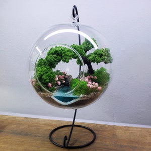 Glass Globe Terrarium, Preserved Moss, Glow-in-the-Dark Epoxy Water (33 cm)