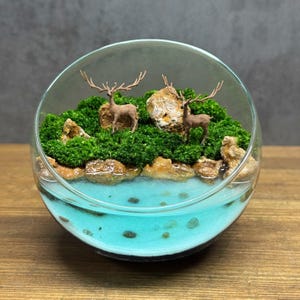 Mini Terrarium with Epoxy River, Preserved Moss Glass Terrarium, No Care Desk Plant, Handmade Nature Gift