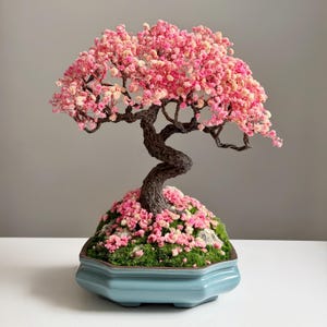May include: A bonsai tree with a dark brown, twisted trunk and a full canopy of pink blossoms. The tree sits in a light blue, hexagonal pot. The base of the tree is covered in green moss and small pink flowers. A decorative, miniature tree.