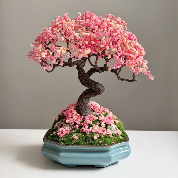Japanese Sakura-Style Bonsai Tree – Handmade from Preserved Flowers & Moss, Zen Tabletop Art in Ceramic Bowl