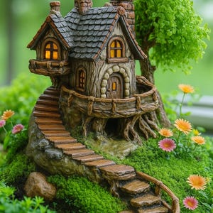 May include: A miniature fairy house with a stone staircase leading up to the front door. The house has a brown, textured exterior, a gray shingled roof, and glowing windows. The scene is set in a lush green garden with colorful flowers.