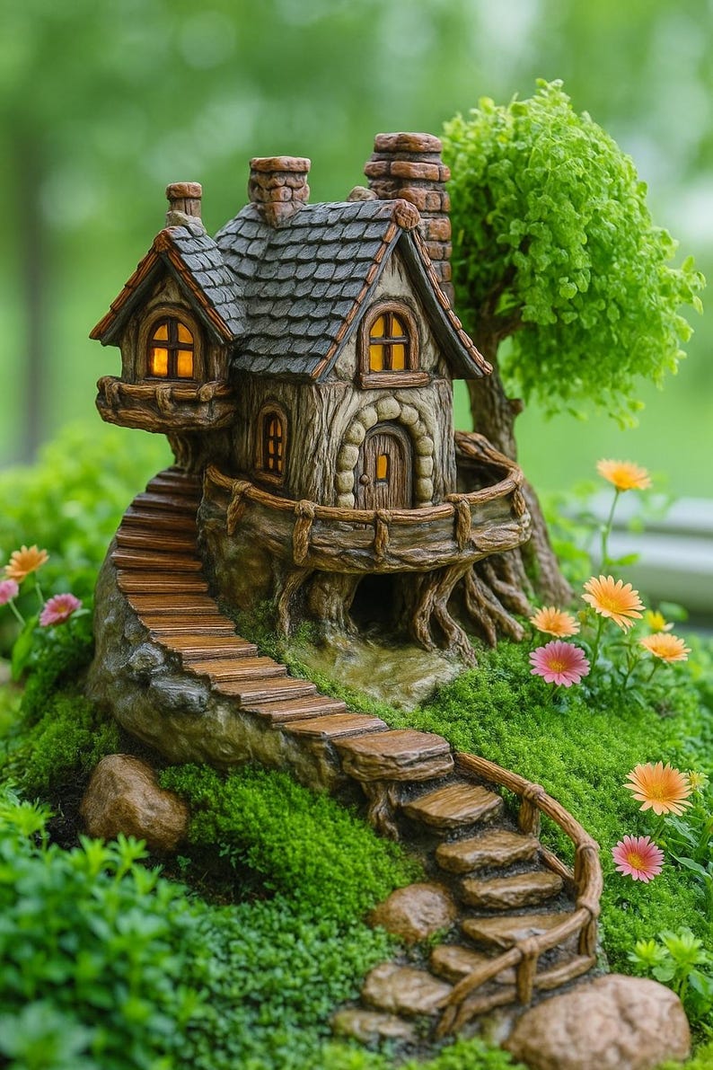 May include: A miniature fairy house with a stone staircase leading up to the front door. The house has a brown, textured exterior, a gray shingled roof, and glowing windows. The scene is set in a lush green garden with colorful flowers.