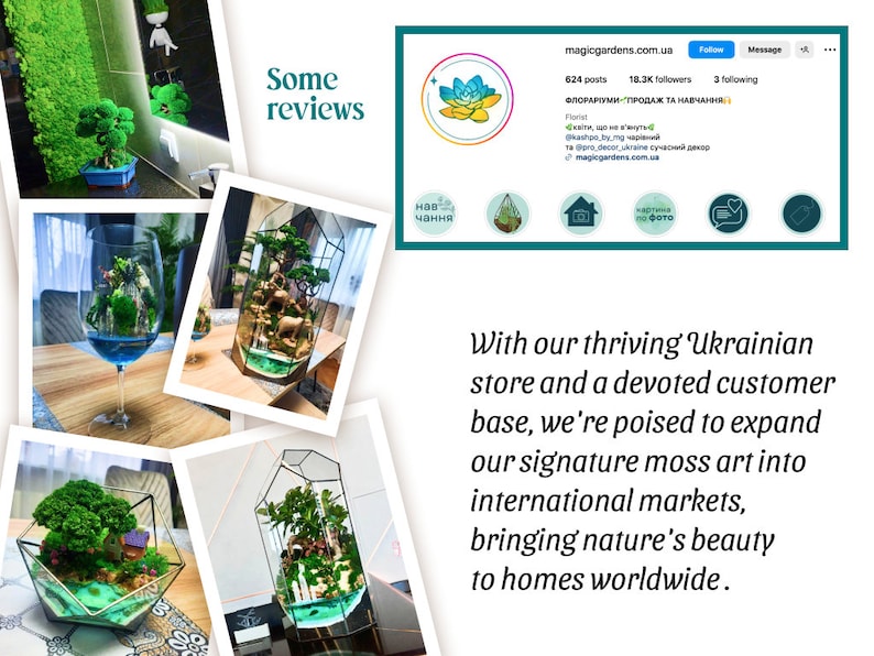 Op de afbeelding: Een verzameling glazen terrariums met verschillende planten en mos, die de schoonheid van de natuur binnenshuis laten zien. De terrariums worden getoond op een houten tafel en een witte betegelde muur. De tekst "Some reviews" is zichtbaar in de rechterbovenhoek van de afbeelding.
