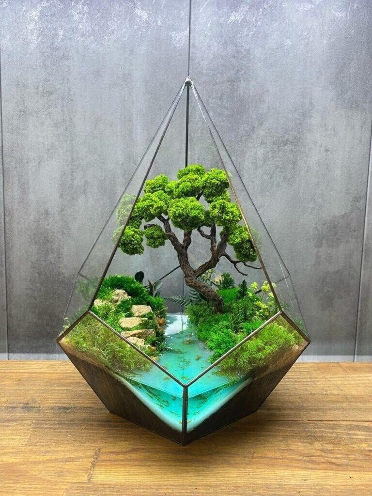 Crystal Pyramid Glass Terrarium, Preserved Moss, Glow-in-the-Dark River (8.3×5.9–12.9×9.8 in)