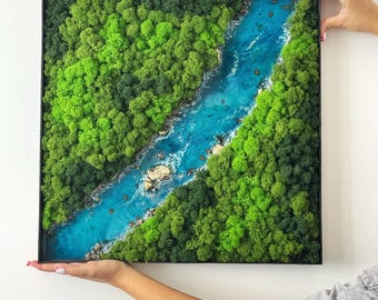 Decoración de pared con musgo de río brillante: musgo preservado, resina epoxi que crea un efecto de "agua" que brilla en la oscuridad, estilo paisaje de bosque zen.