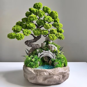 Puede incluir: Un árbol bonsái en miniatura con follaje verde vibrante y un tronco marrón oscuro texturizado. El árbol está en una maceta de piedra, con un pequeño puente sobre un estanque azul. La escena incluye musgo y pequeñas plantas, creando un paisaje en miniatura natural y sereno.