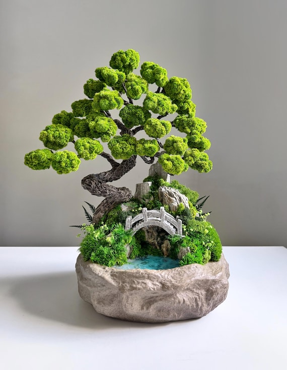 Preserved Moss Bonsai Tree With Mini Bridge, Zen Garden Decor, Glow in the  Dark Pond, Handmade Lucky Tree in Ceramic Planter - Etsy