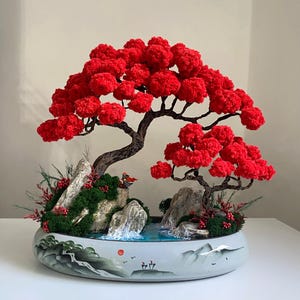 May include: A miniature bonsai tree with vibrant red foliage and a dark brown trunk. The tree is set in a decorative ceramic pot with a painted landscape scene, featuring rocks, water, and miniature figures. The overall design evokes a sense of tranquility.