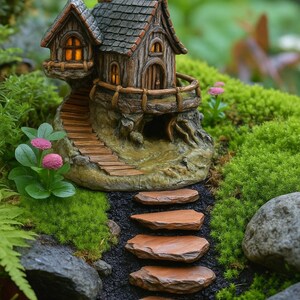 May include: A miniature fairy house with a wooden facade, a stone pathway, and a lush green garden. The house has a balcony, a chimney, and a lighted window. The pathway is made of flat stones, and the garden is filled with moss and plants.