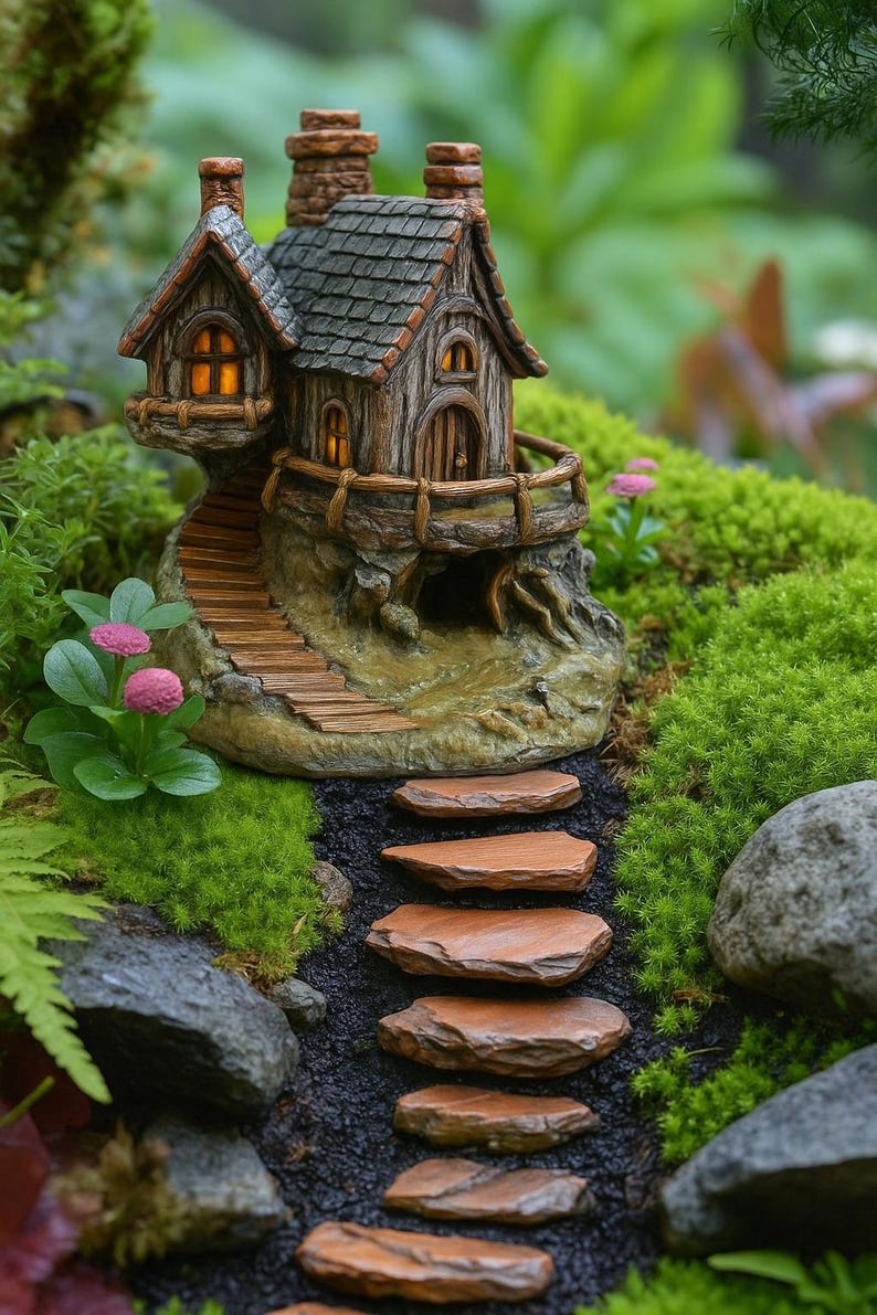 May include: A miniature fairy house with a wooden facade, a stone pathway, and a lush green garden. The house has a balcony, a chimney, and a lighted window. The pathway is made of flat stones, and the garden is filled with moss and plants.