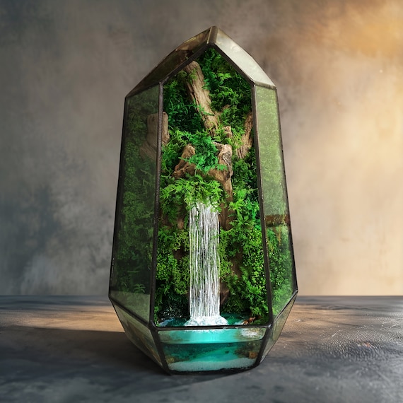 Zen garden terrariums with waterfall - Geometric terrarium, Preserved moss art, Plant gifts, Fake plants, Push present