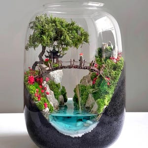 Glowing Resin River Mini Terrarium | Preserved Moss Landscape in Glass Jar | Japanese-Style Miniature | Optional LED Lamp