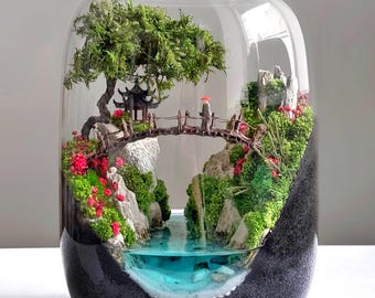 River Terrarium in Glass Jar, Preserved Moss Japanese Zen Garden, Glowing Resin River, Samurai Miniature Landscape, Unique Desk Decor