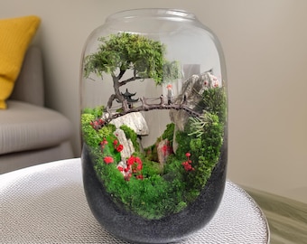 Preserved Moss Zen Terrarium in Glass Jar, Japanese Mini Landscape with Samurai, No Care Desk Decor, Unique Gift