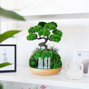 Indoor Waterfall Preserved Moss Japanese Bonsai Tree, Glow-in-the-Dark Epoxy Water 8.3×10.6-9.8×12.6 in