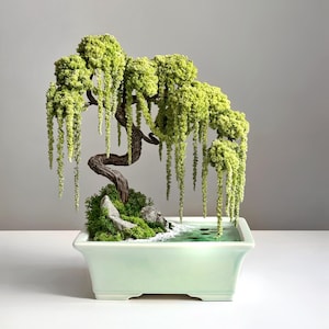Handcrafted Preserved Moss Japanese Bonsai Tree with Glow Epoxy Water 11.8*10 inch