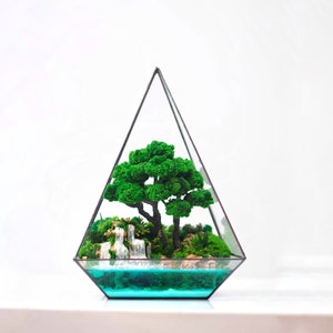 Verdant Refuge: Handcrafted Miniature Tree, Waterfall in Glass Terrarium, Perfect for Desk or Home Decor, River in Crystal Pyramid