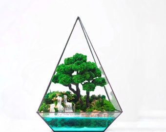 Verdant Refuge: Handcrafted Miniature Tree, Waterfall in Glass Terrarium, Perfect for Desk or Home Decor, River in Crystal Pyramid