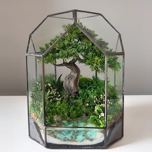 May include: A geometric glass terrarium with dark metal framing containing a miniature landscape. Inside, a small artificial tree with a textured brown trunk and green foliage sits above a bed of green moss, small white flowers, and a blue stream.