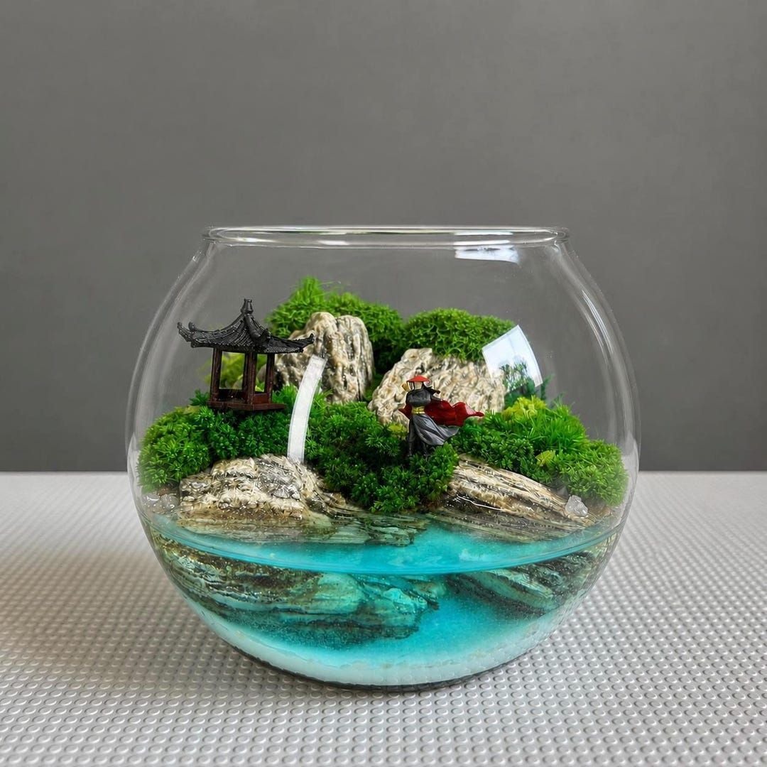Mini Zen Garden Desk Terrarium With Preserved Moss, Japanese