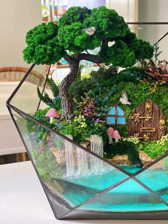 Crystal Pyramid Fairy Tale Terrarium Moss Art, Gift for Crystal Pyramid Fairy Tale Terrarium Moss Art, Gift for