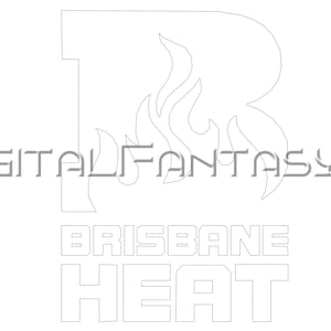 May include: A white graphic with the text "DIGITAL FANTASYAU" above "BRISBANE HEAT". The letter "R" in "BRISBANE" is designed with flames. The design is outlined with a dotted line.