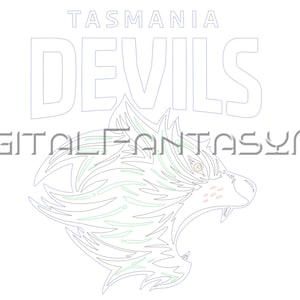 May include: A white outline of a wolf's head with green and blue details. The text "TASMANIA DEVILS" is above the wolf's head and the text "DIGITAL FANTASY AU" is below the wolf's head.
