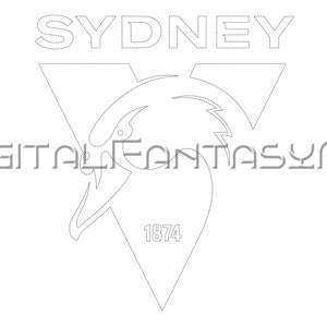 May include: Black and white line art logo of a bird's head with a stylised wing, inside a triangle with the word "SYDNEY" above and "1874" below. The text "DIGITAL FANTASY AU" is below the triangle.