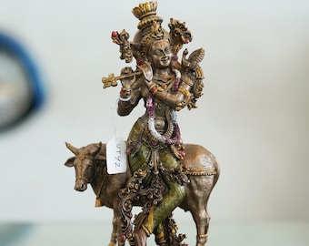 Lord Krishna with Kamdhenu Cow Statue, Bronze Finish Resin Krishna Playing Flute, Hindu God Idol, Spiritual Decor, and Positive Energy Gifts