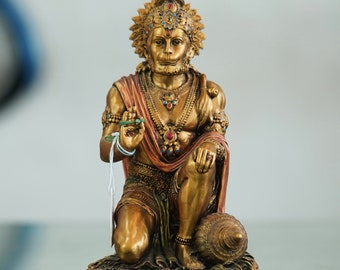 Golden Hanuman Statue - Powerful Bajrangbali with Gada, Hand-Painted Resin Lord Hanuman for Temple decor, Sitting Lord Hanuman