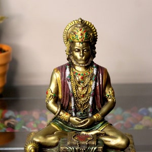 Escultura meditativa do Senhor Hanuman feita com resina poli-Lord Rama hanuman-religiosa e espiritual - 19cm por 15cm por 13 cm