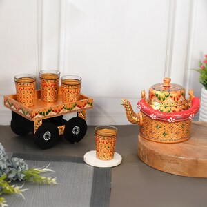Hand painted Tea Kettle Tray with 6 Glasses - Unique Aluminium Tea Set for Home, Table & Living Room Decor