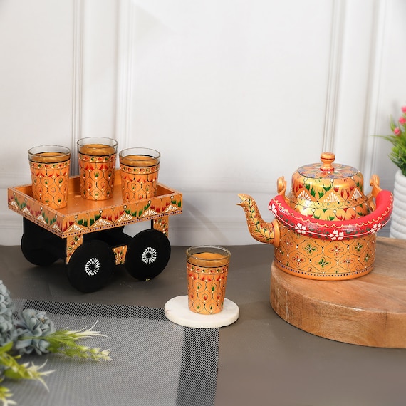 Hand-Painted Aluminium Tea Set: Kettle, Tray Glasses