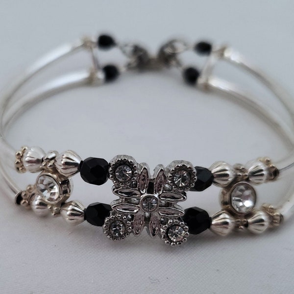 Double Strand Rhinestone Bangle Bracelet. Black and Silver Bangle Bracelet.  Silver Bangle Bracelet. Beaded Bangle Bracelet.