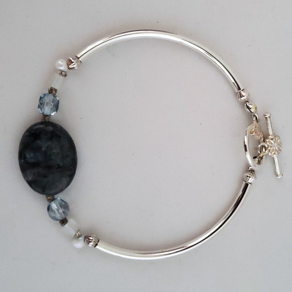 Larvikite Bracelet. Larvikite Bangle Bracelet. Handmade Larvikite Bangle Bracelet. Silver Bangle Bracelet. Crystal Bangle Bracelet.