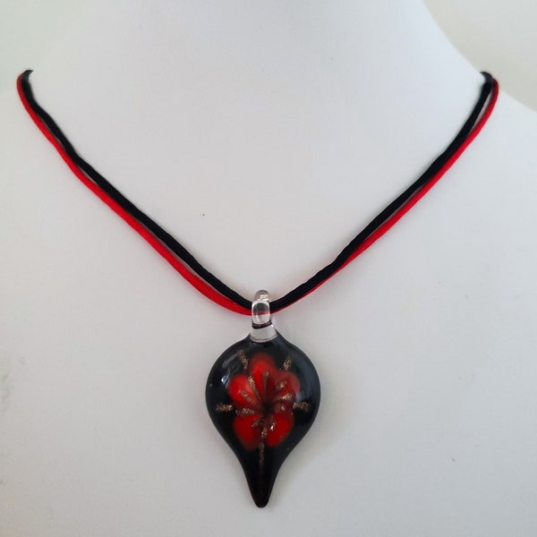 Satin Cord Necklace. Flower Pendant Necklace. Glass Pendant Necklace. Red and Black Cord Necklace. Colorful Fashion Necklace.