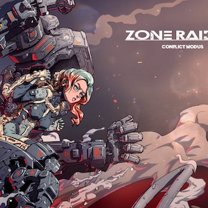 May include: A woman in a blue and gray suit stands in front of a large, gray robot arm. The robot arm has the words "TEST UNIT 02" written on it. The background is a dark gray with a red and white design. The text "ZONE RAIDERS CONFLICT MODUS" is written in white letters on a black background.