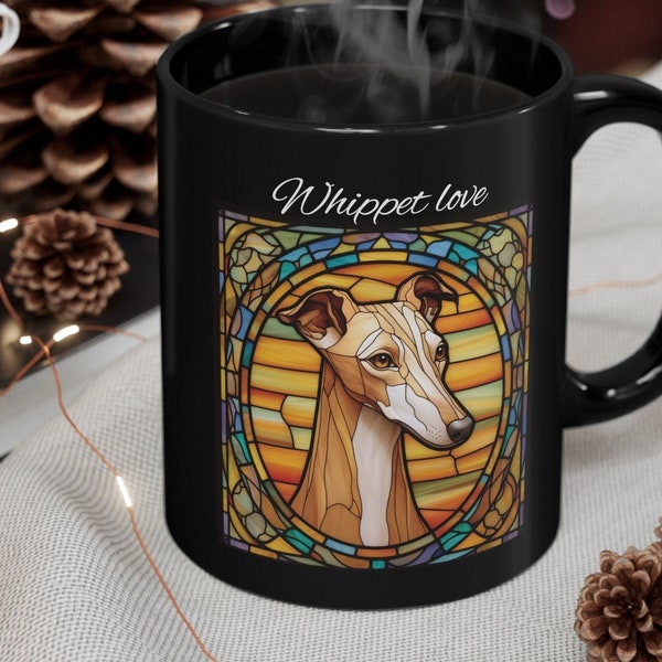 Whippet greyhound dog owners coffee tea mug, Stained glass effect Art Deco style, great personalised gift for lovers of the whippet breed