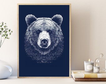 Bear Art Poster - Striking Black & White Bear on Blue, Bear Wall Art, Vertical Digital Print, Unique Housewarming Gift