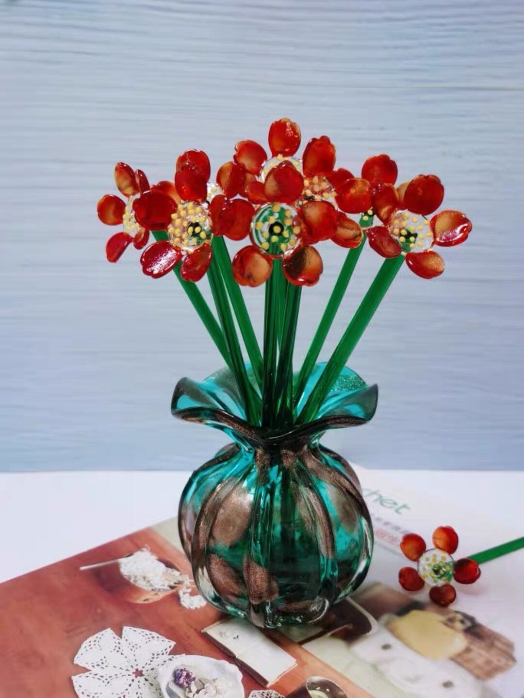 Stained Glass Red Flowers Blown Glass Flower Bouquet Flower Etsy
