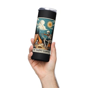 Vaso de acero inoxidable con diseño de esqueleto de tarot de Happy Camper, taza de viaje aislada de 20 oz