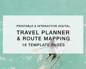 May include: Printable and interactive digital travel planner and route mapping with 19 template pages. The text is displayed on a white rectangle against a turquoise blue background with a person paddling a clear kayak.