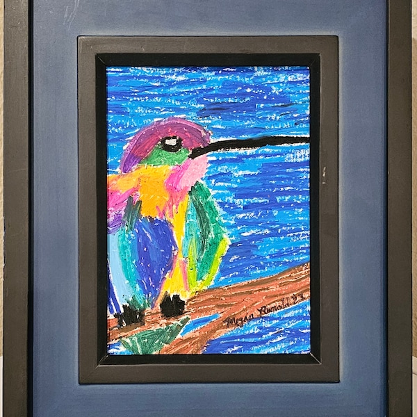 Cheerful Hummingbird -- oil pastel painting, bright colors, cute, original art, framed, bird, vibrant, maximalist, gallery wall, funky, fun