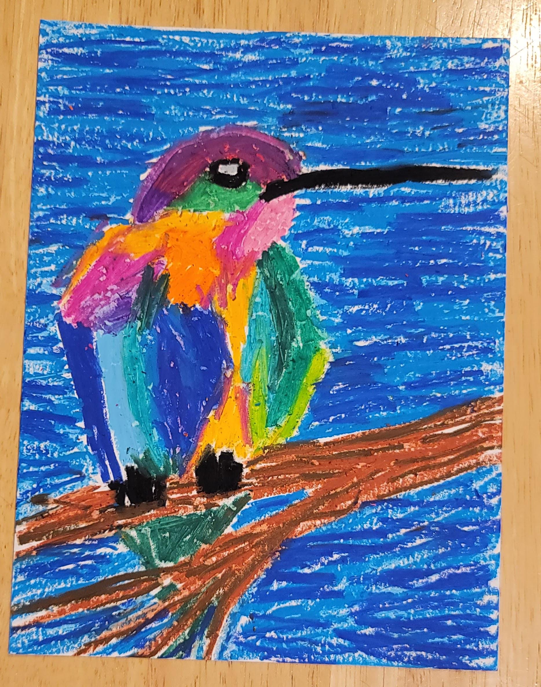 Cheerful Humming Cheerful Hummingbird -- Oil Pastel Painting, Bright Colors, Cute ...