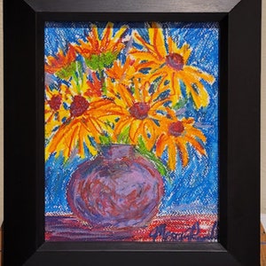 Summer Bouquet - oil pastel art, still life, colorful, framed, original